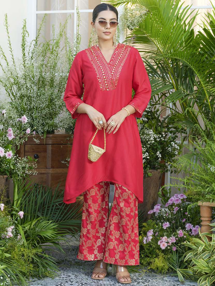 women embroidered three quarter sleeve ethnic co-ord set