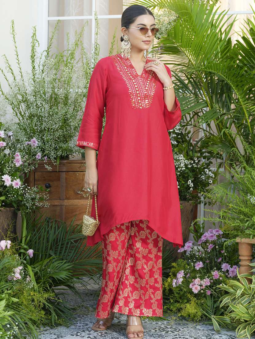 women embroidered three quarter sleeve ethnic co-ord set - 22039740 - Standard Image - 3