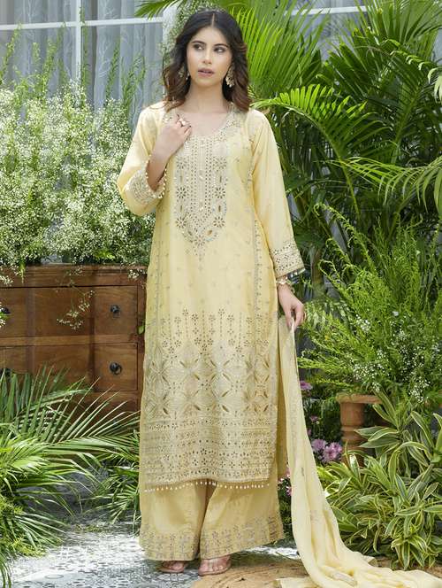 women embroidered kurta and palazzo with dupatta set - 22039763 -  Standard Image - 0
