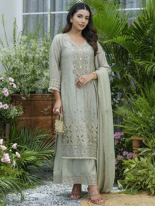 women embroidered kurta and palazzo with dupatta set - 22039764 -  Standard Image - 0
