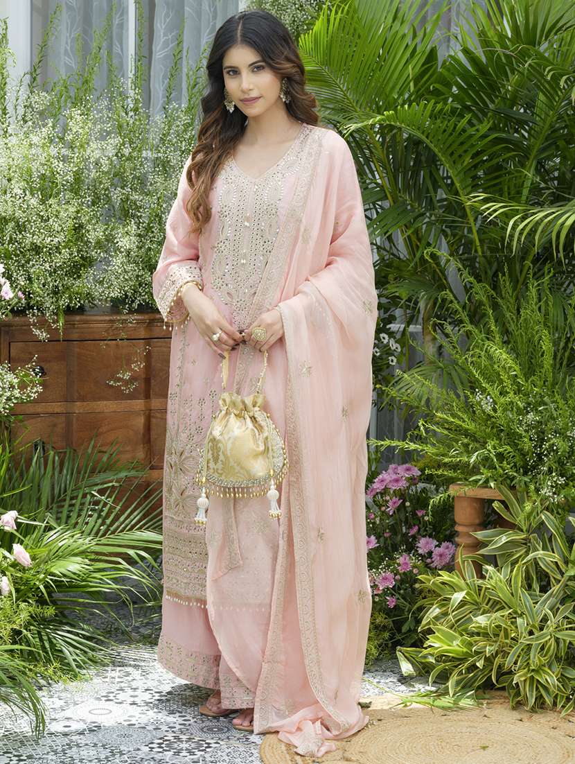 women embroidered kurta and palazzo with dupatta set