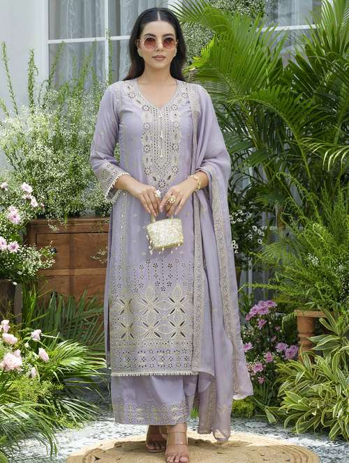 women embroidered kurta and palazzo with dupatta set - 22039766 -  Standard Image - 0