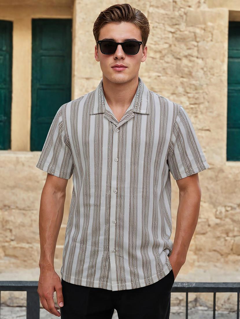 men striped cuban collar loose fit shirt