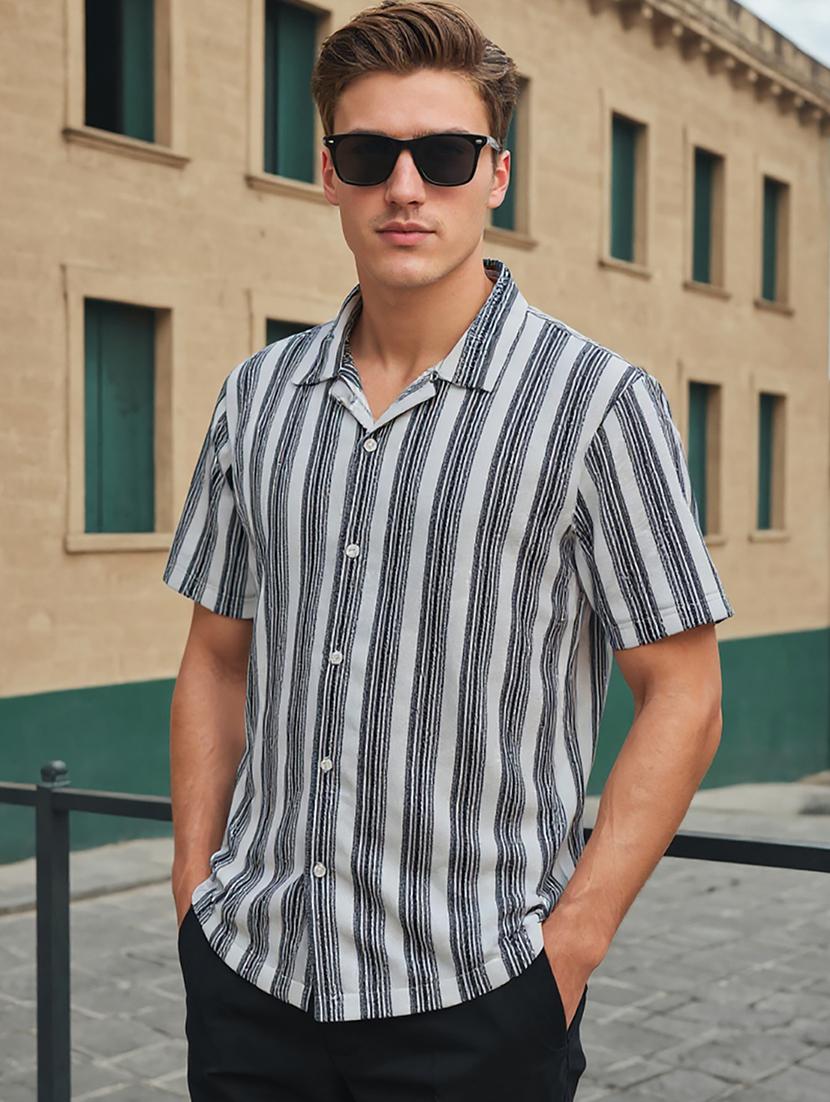 men striped cuban collared loose fit shirt