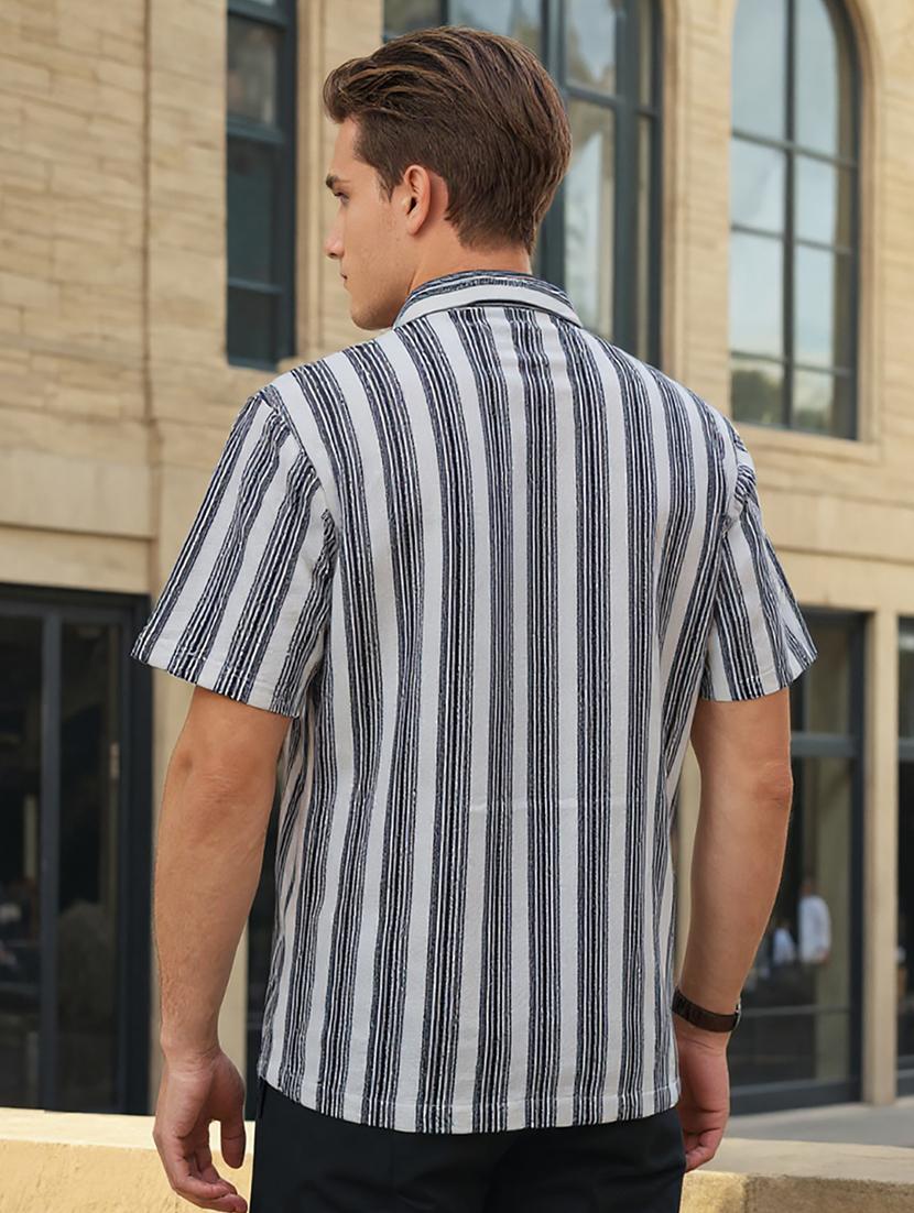 men striped cuban collared loose fit shirt - 22039806 - Standard Image - 3