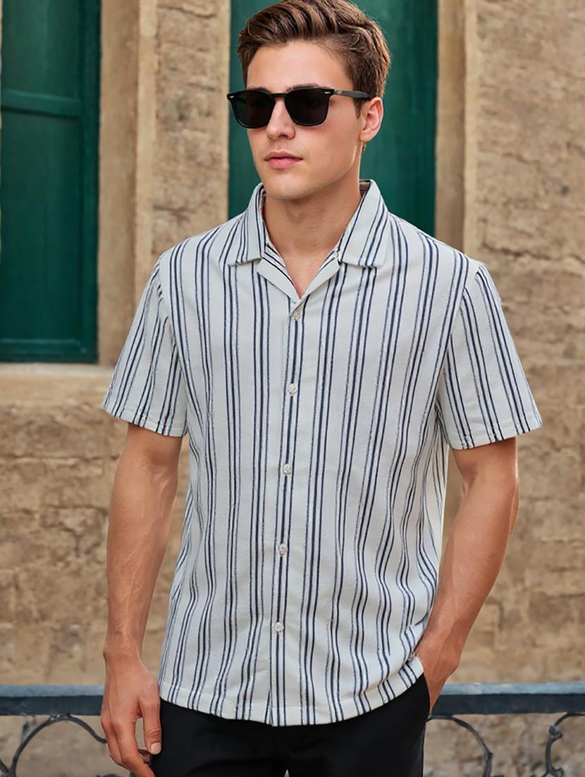 men striped cuban collared loose fit shirt