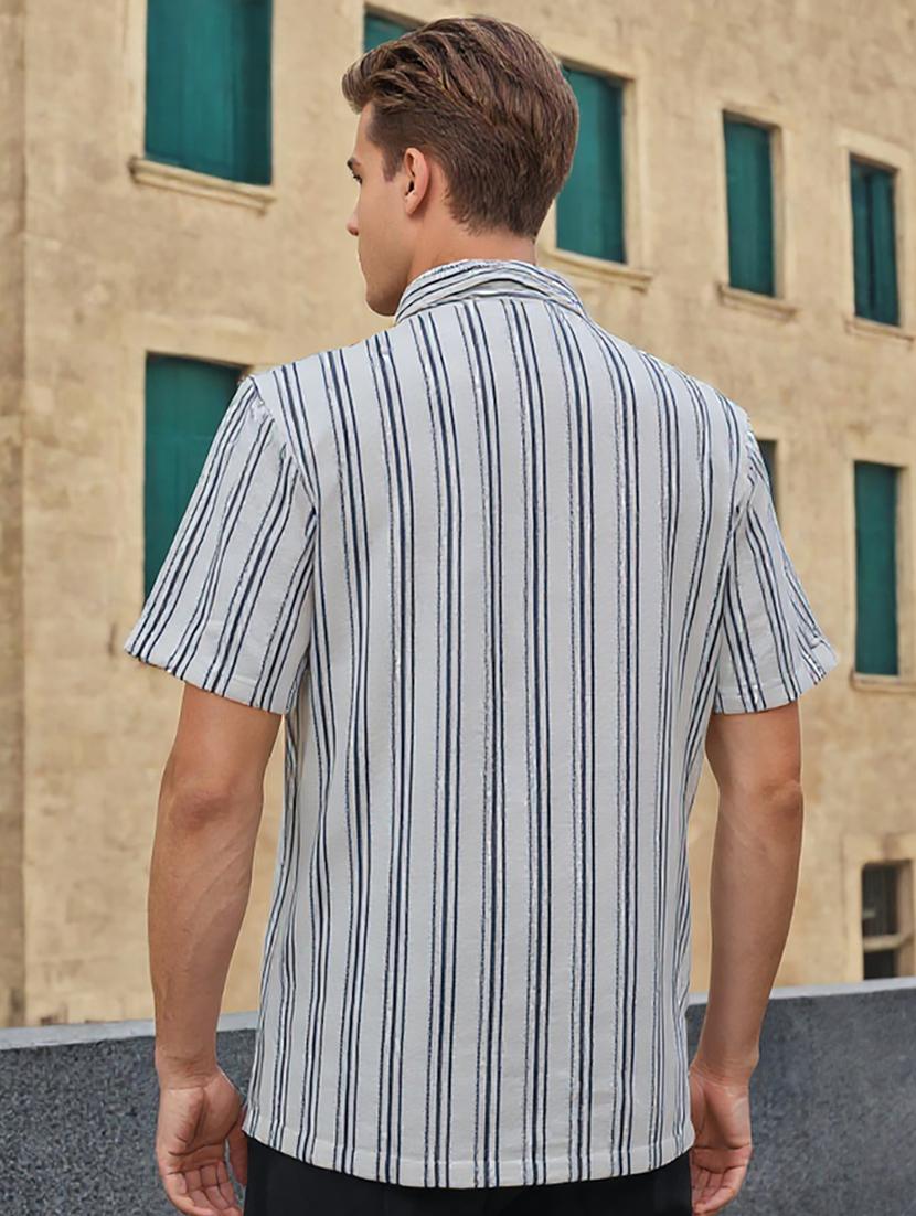 men striped cuban collared loose fit shirt - 22039807 - Standard Image - 3