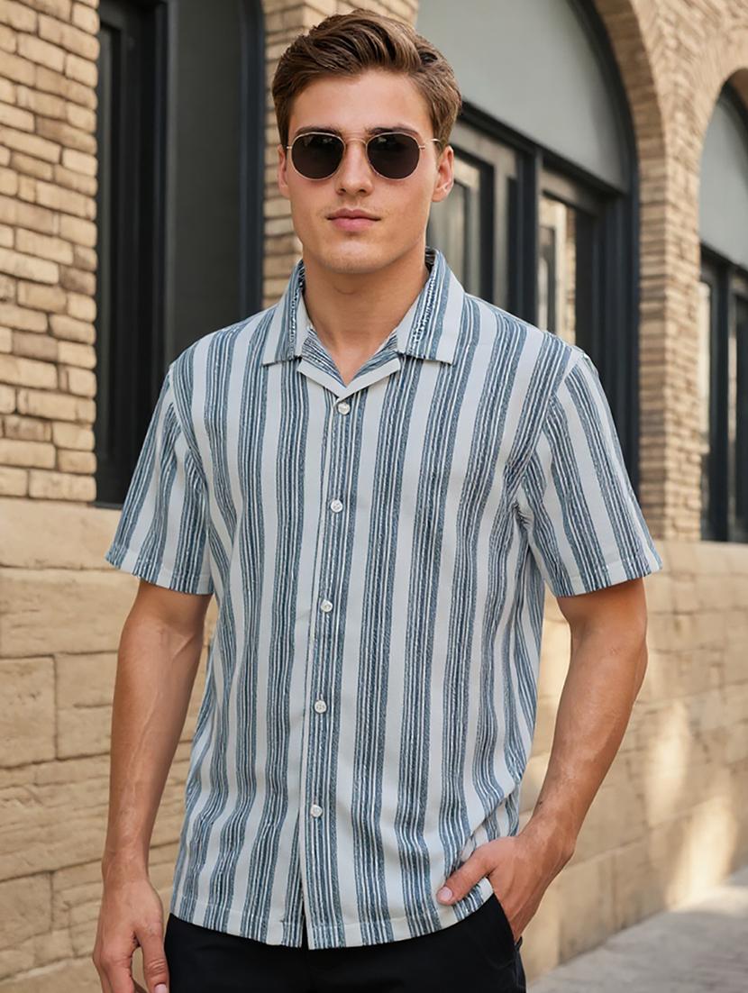 men striped cuban collared loose fit shirt