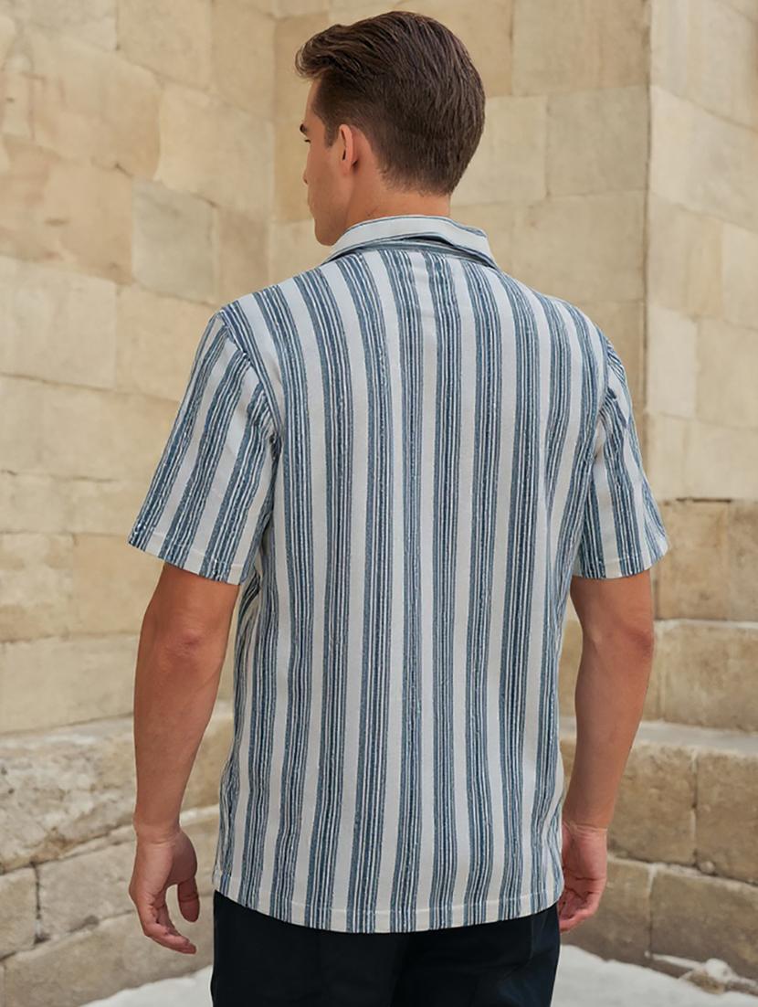 men striped cuban collared loose fit shirt - 22039808 - Standard Image - 3