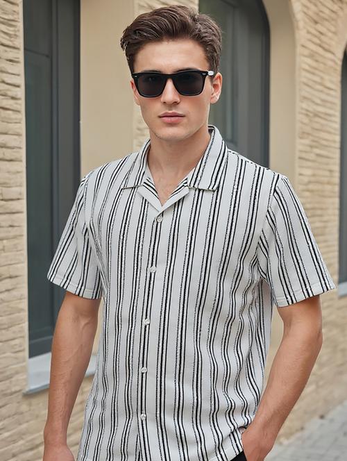 men striped cuban collared loose fit shirt - 22039809 - Standard Image - 0