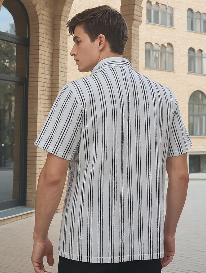 men striped cuban collared loose fit shirt - 22039809 - Standard Image - 3
