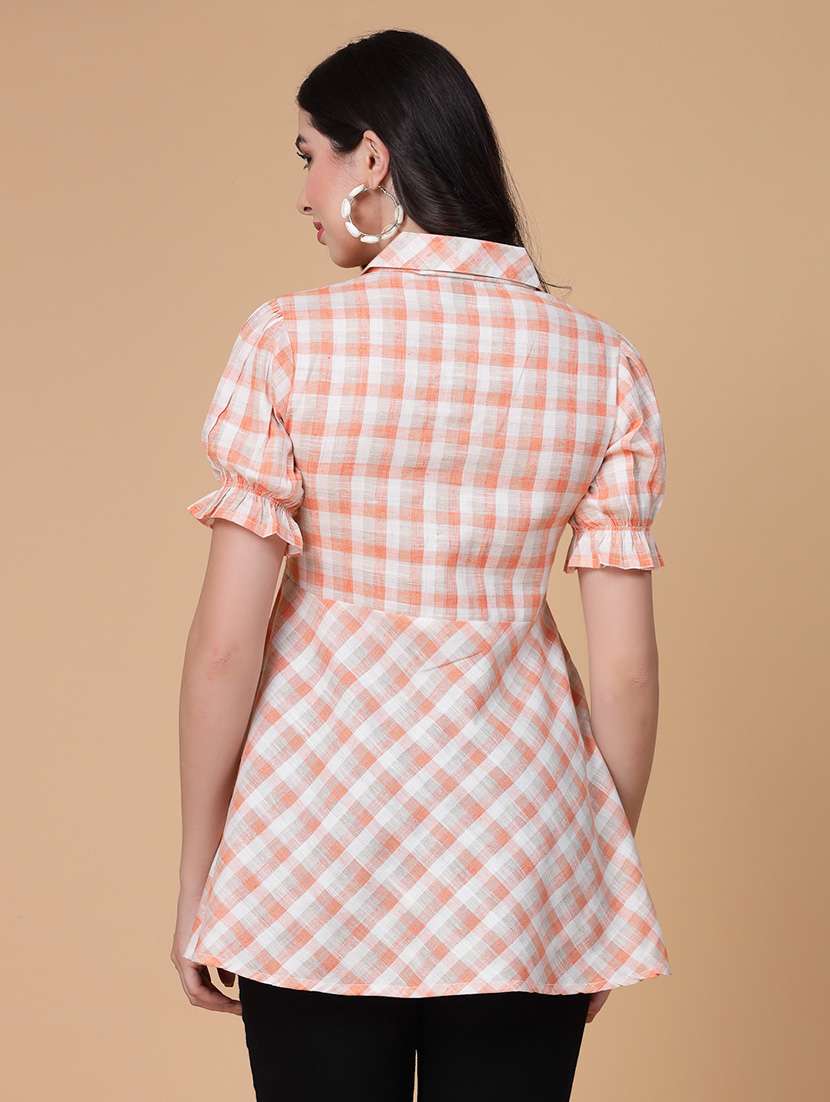 women checkered puff sleeve peplum top - 22039812 - Standard Image - 3