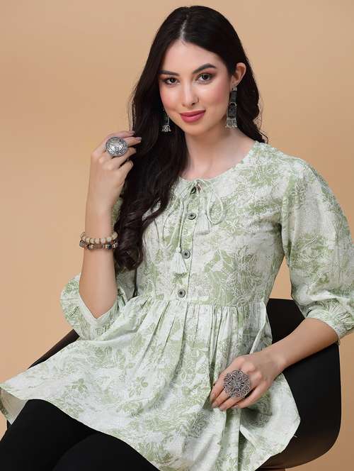 women printed three quarter sleeve flared kurti - 22039821 - Standard Image - 0