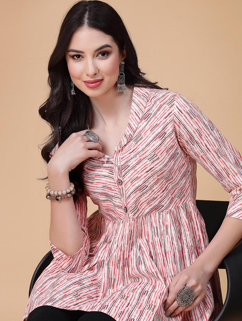 women printed three quarter sleeve flared kurti
