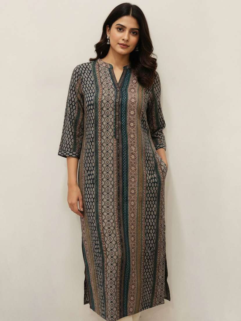 women printed mandarin neck straight kurta