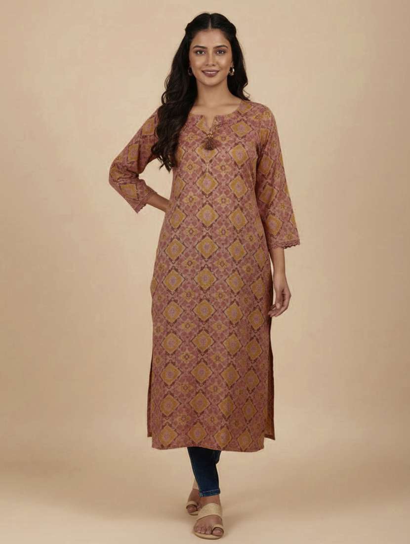 women printed notch neck straight kurta