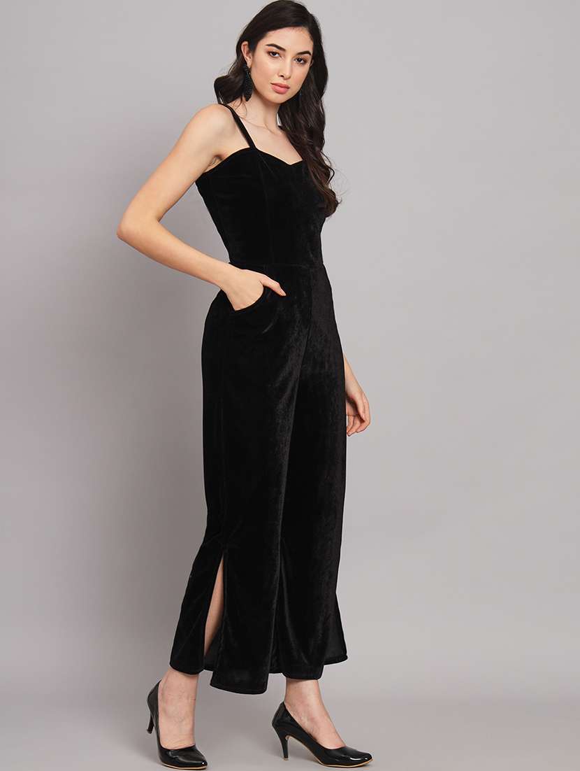 women solid shoulder strap velvet jumpsuit - 22040463 - Standard Image - 3