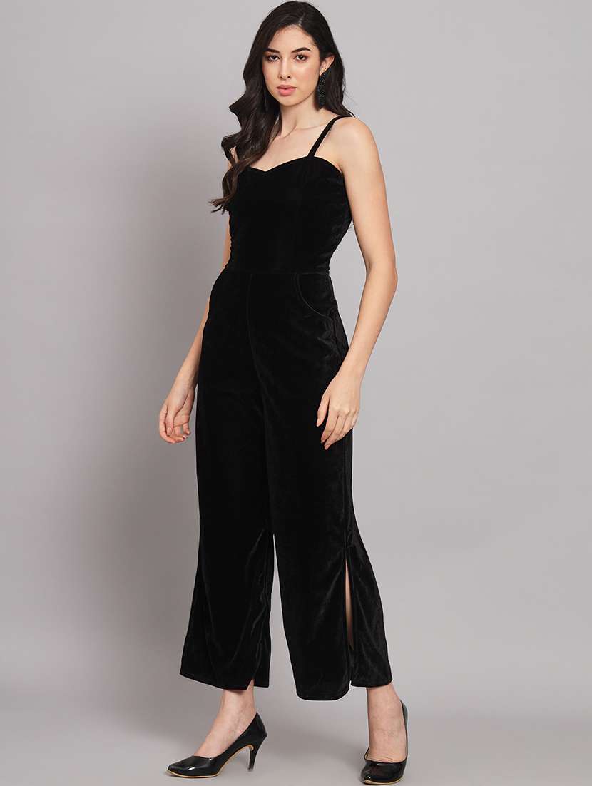 women solid shoulder strap velvet jumpsuit - 22040463 - Standard Image - 5