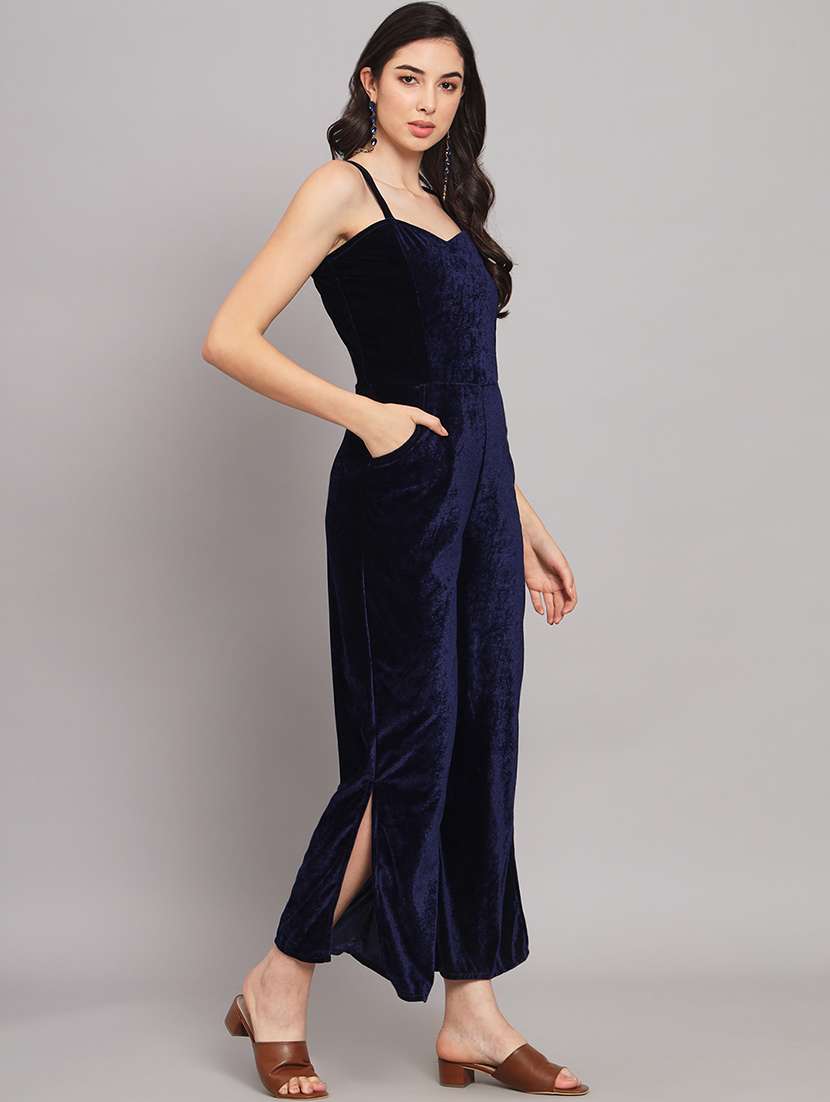 women solid shoulder strap velvet jumpsuit - 22040464 - Standard Image - 3