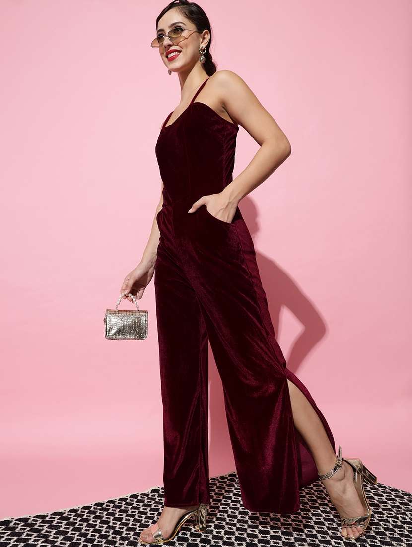women solid shoulder strap velvet jumpsuit - 22040465 -  Standard Image - 5