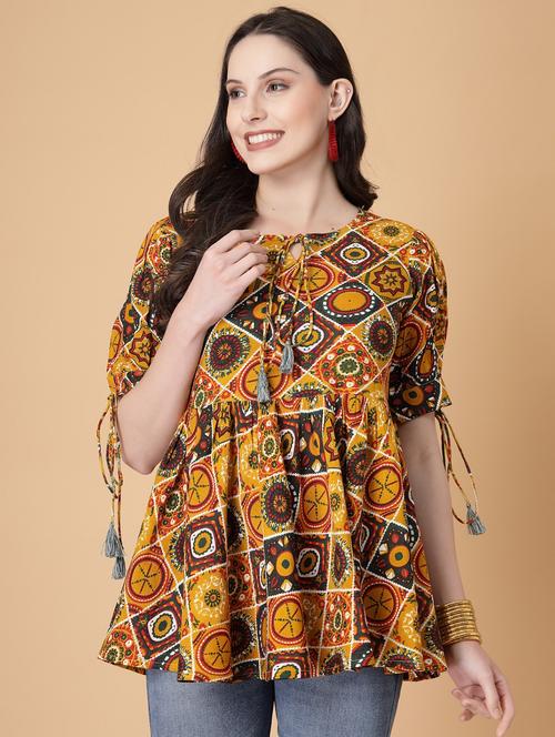women printed puff sleeve flared kurti - 22040470 - Standard Image - 0