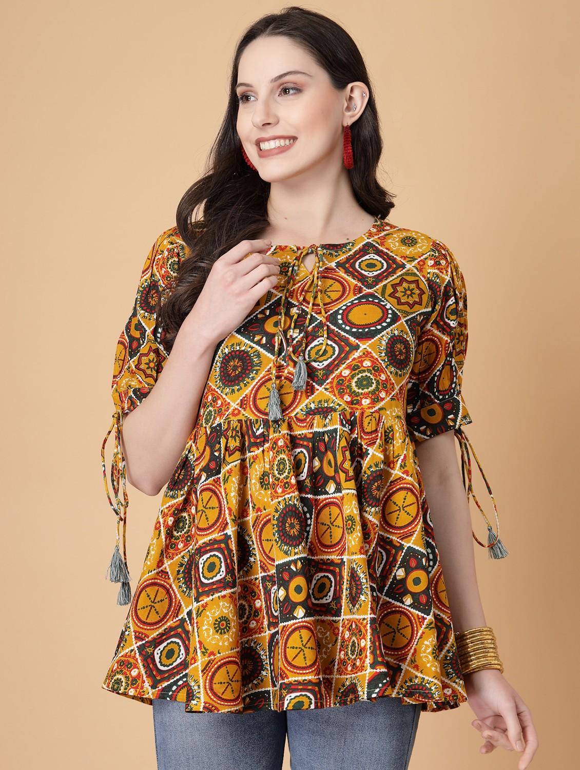 women printed puff sleeve flared kurti - 22040470 - Zoom Image - 0