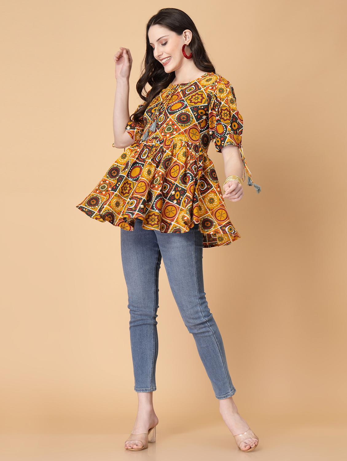 women printed puff sleeve flared kurti - 22040470 - Standard Image - 5