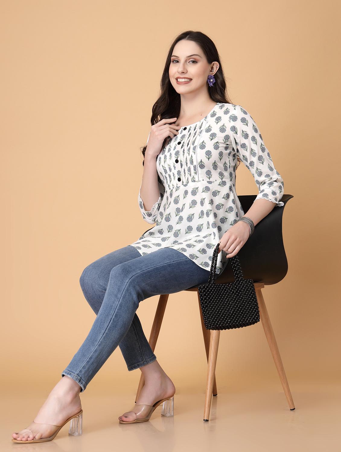 women printed three quarter sleeve flared kurti - 22040471 - Standard Image - 5