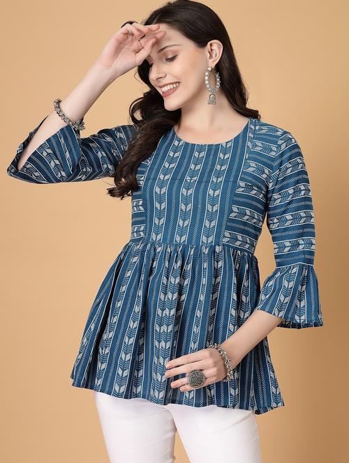 women printed three quarter sleeve flared kurti - 22040475 - Standard Image - 0