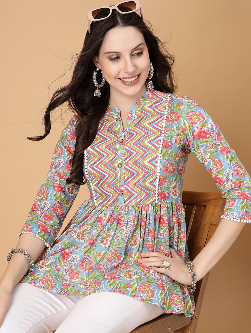 women printed three quarter sleeve flared kurti - 22040477 - Zoom Image - 0