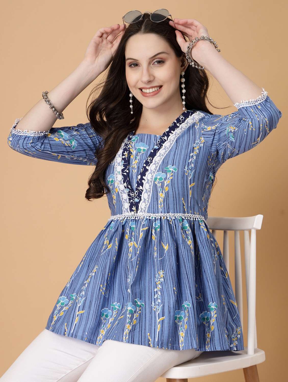 women printed three quarter sleeve flared kurti