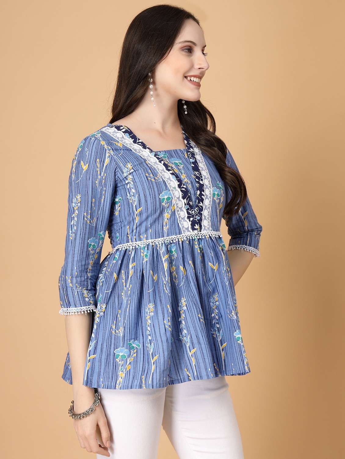 women printed three quarter sleeve flared kurti - 22040478 - Standard Image - 3