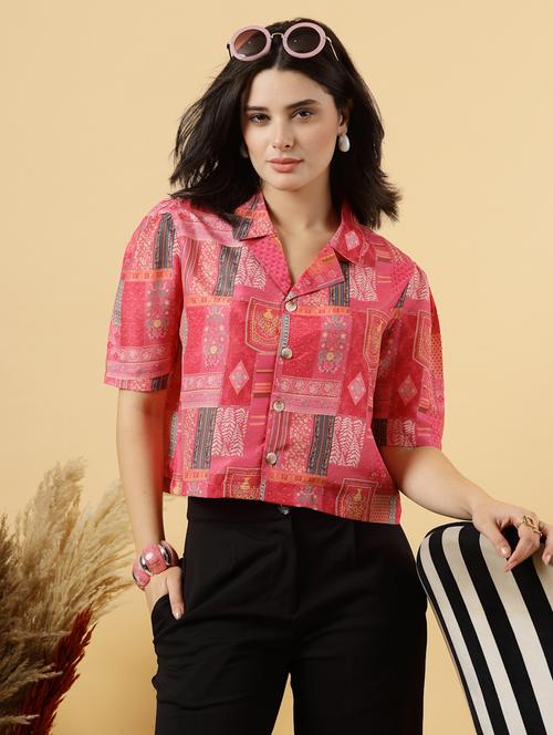 women printed short sleeve ethnic crop top - 22040817 - Standard Image - 0