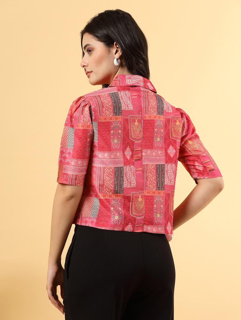 women printed short sleeve ethnic crop top - 22040817 - Standard Image - 3