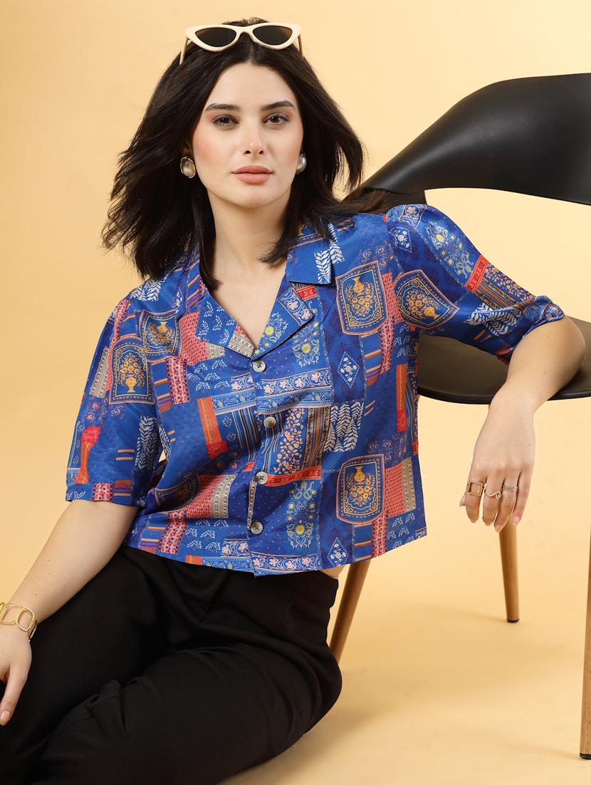 women printed short sleeve ethnic crop top