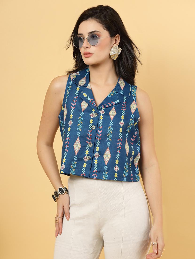 women printed sleeveless ethnic crop top