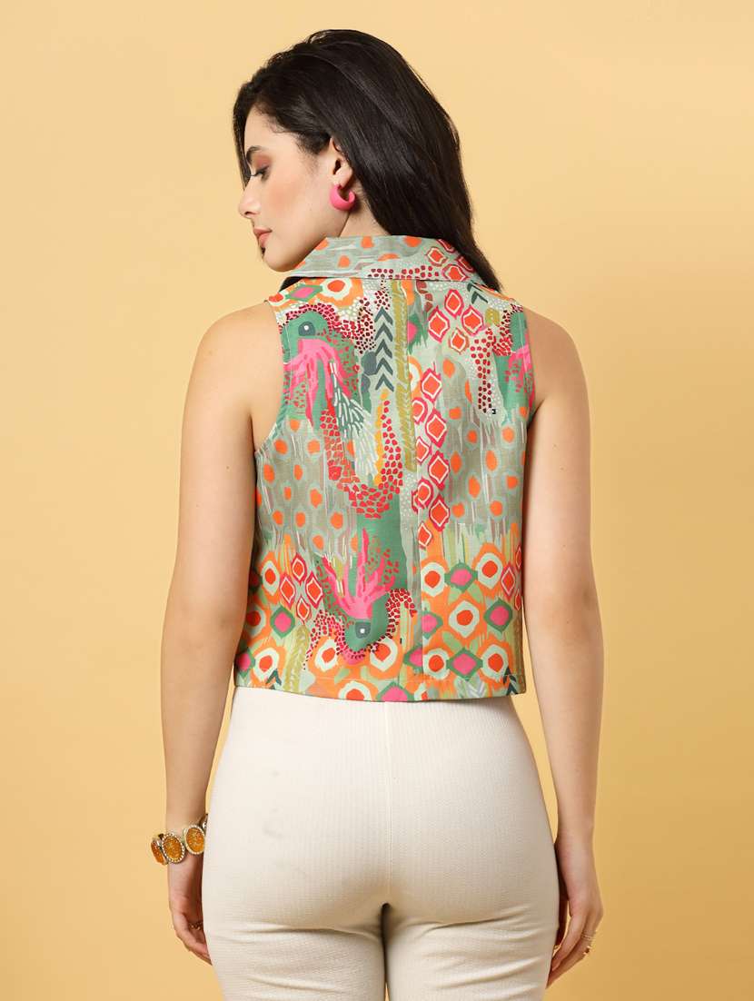 women printed sleeveless ethnic crop top - 22040820 - Standard Image - 3