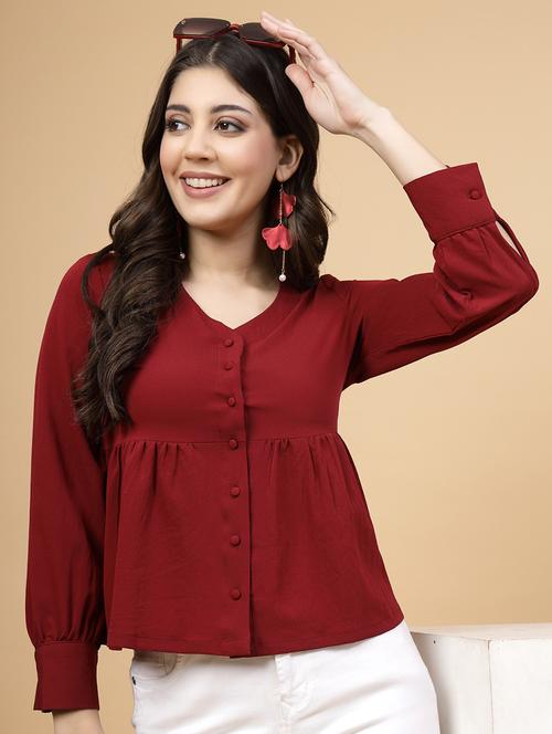 women maroon solid long sleeve a-line top - 22040845 - Standard Image - 0