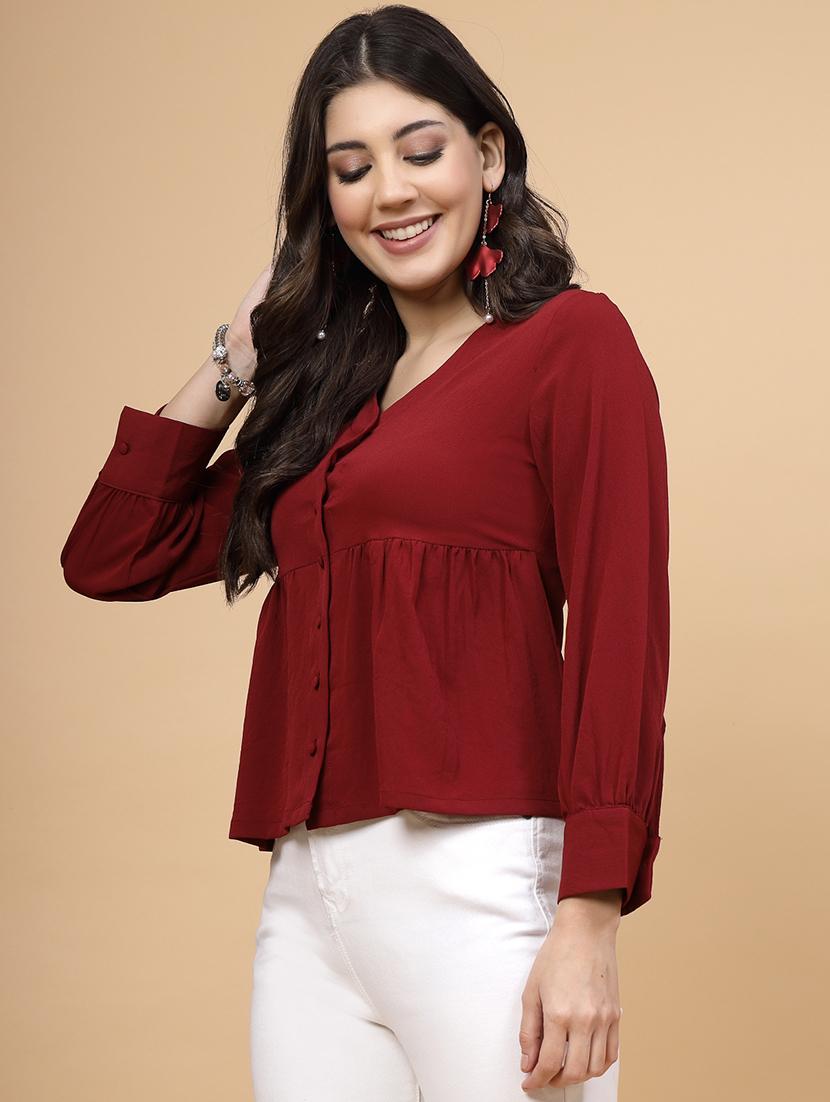 women maroon solid long sleeve a-line top - 22040845 - Standard Image - 3