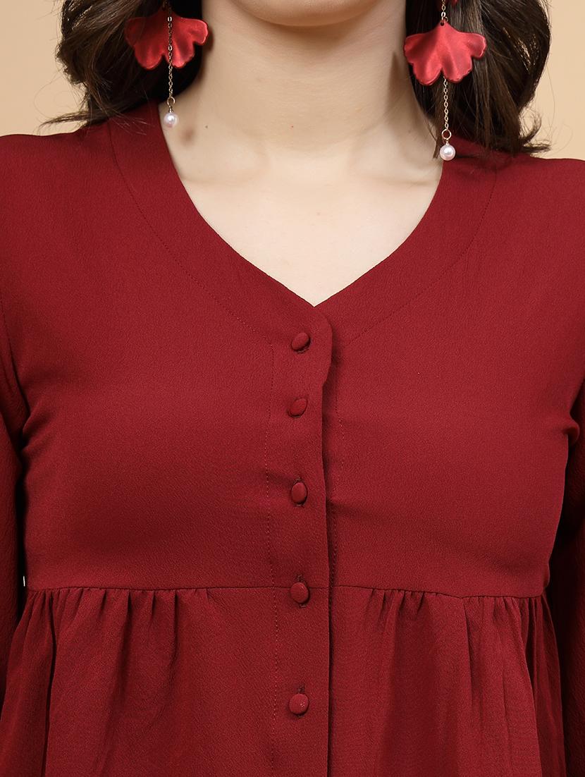 women maroon solid long sleeve a-line top - 22040845 - Standard Image - 5