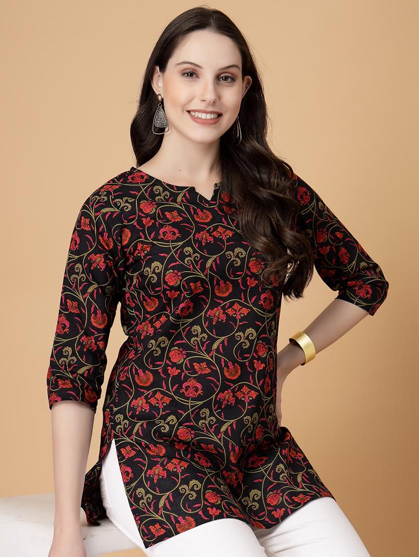 women printed three quarter sleeve straight kurti