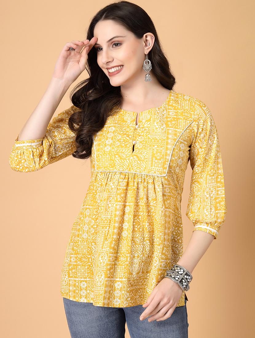 women printed three quarter sleeve straight kurti