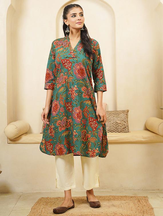 women floral print three quarter sleeve kurta - 22040890 - Zoom Image - 0