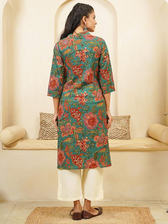 women floral print three quarter sleeve kurta - 22040890 - Standard Image - 3