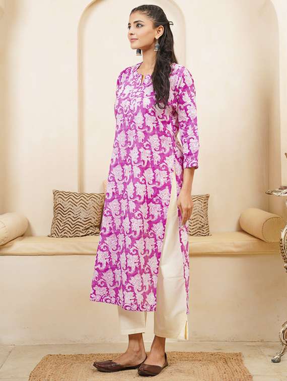 women printed three quarter sleeve straight kurta - 22040893 -  Standard Image - 3