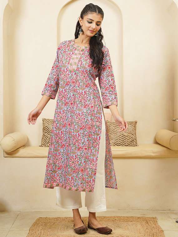women printed three quarter sleeve straight kurta - 22040895 - Standard Image - 3