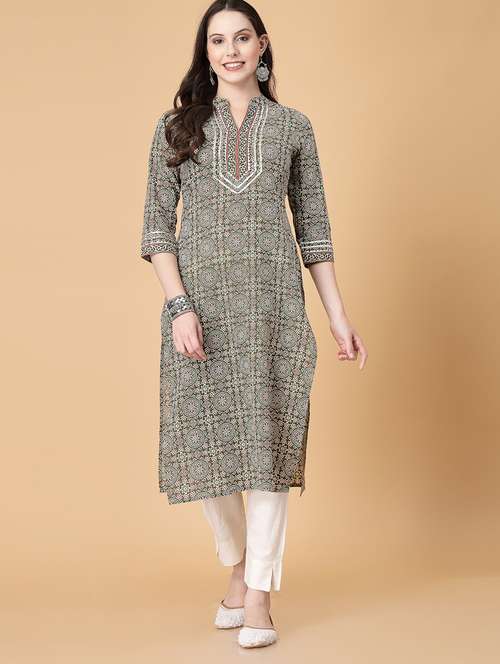 women printed three quarter sleeve straight kurti - 22040898 -  Standard Image - 0
