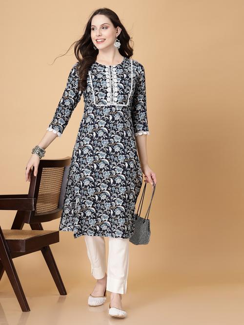 women printed three quarter sleeve straight kurti - 22040901 - Standard Image - 0