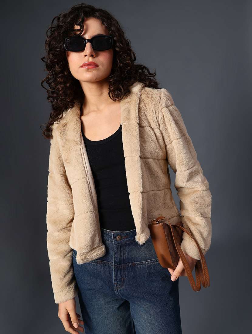 women solid long sleeve faux fur hooded jacket