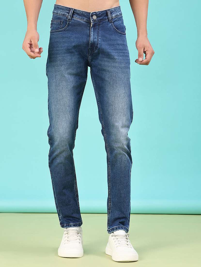men washed mid rise full length jeans